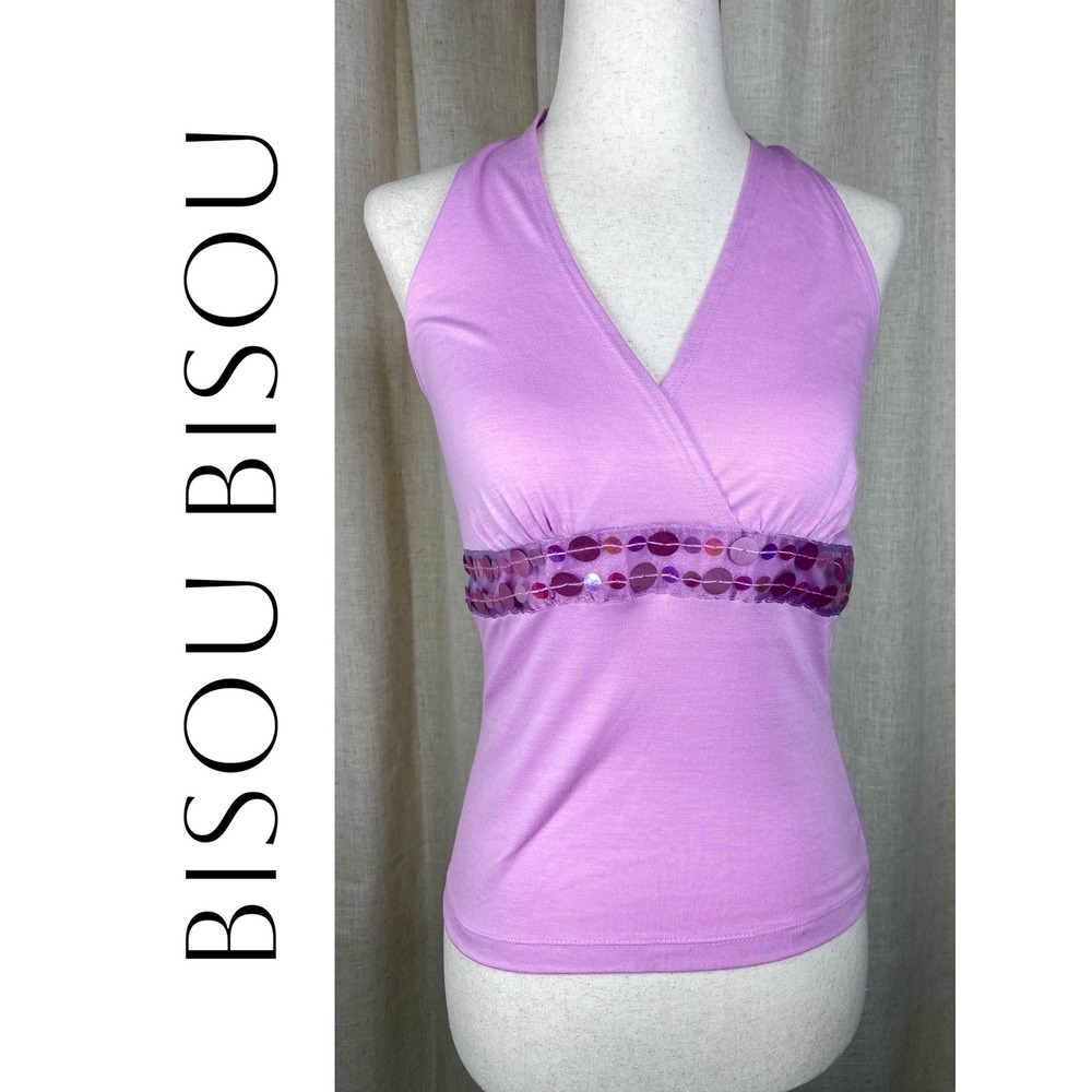 Bisou Bisou Y2K Pink Sequin Halter Top Medium McBling Party Clubwear